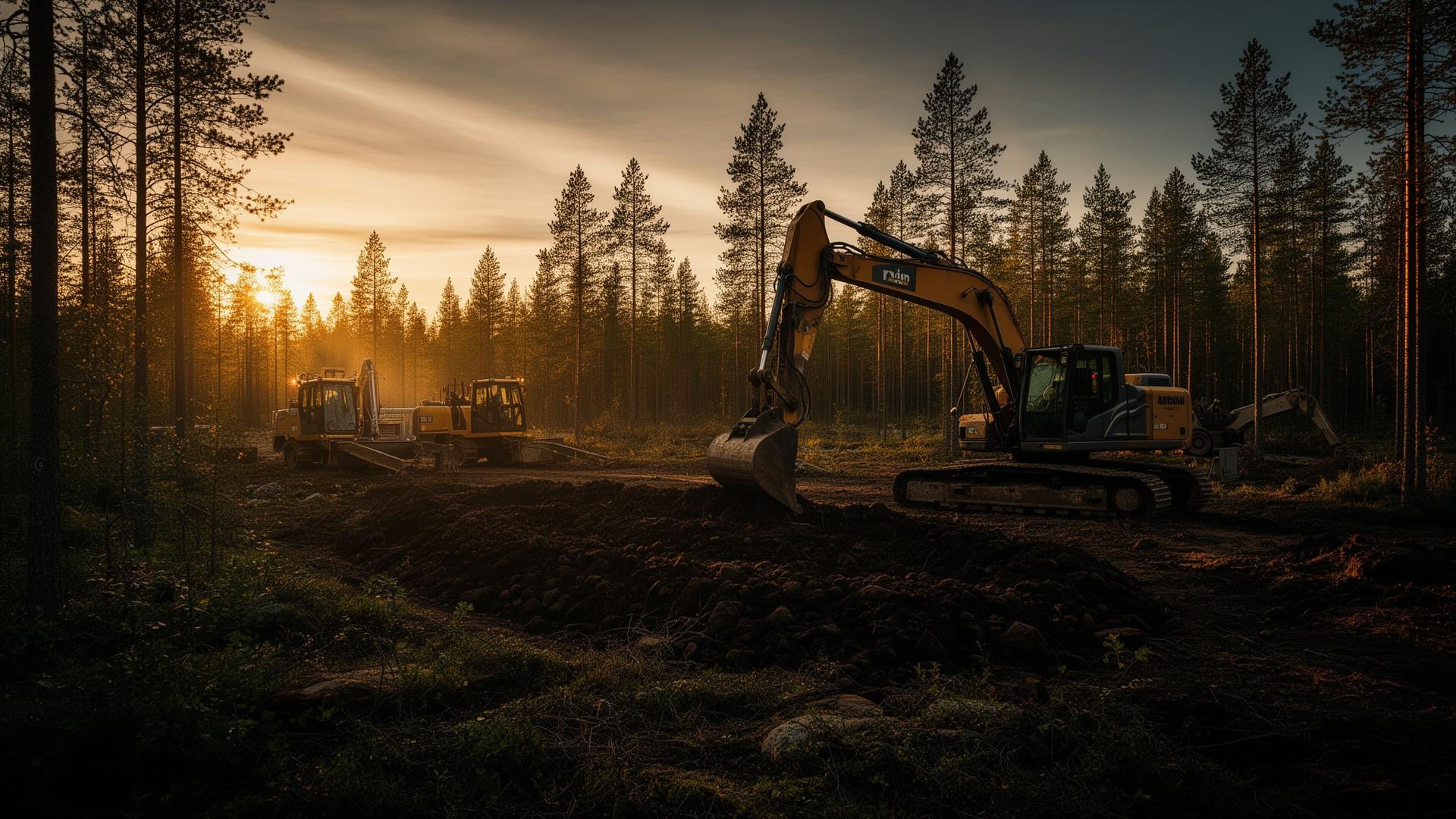 Markarbete i nordisk skog i kvällsljus